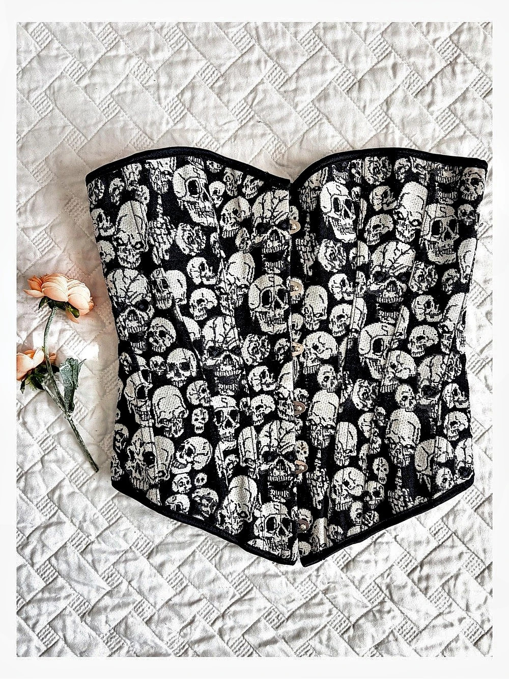 Black White Skull Print Corset Bustier Lace Up Gothic Halloween Top